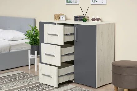 Комод (3 ящика, 2 двери) Фиеста New, Дуб крафт белый / Графит 